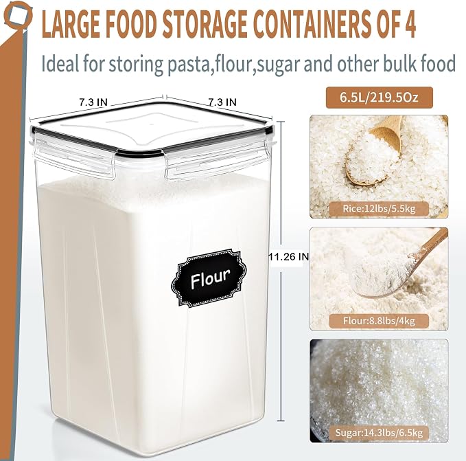 4pcs Large Tall Airtight Food Storage Containers with Lids - 6.5L / 5.9qt | BPA Free Pantry Organizers and Storage Containers for Bulk Flour and Sugar Storage, Food Grade Material, 20 Labels & Marker - Image 2