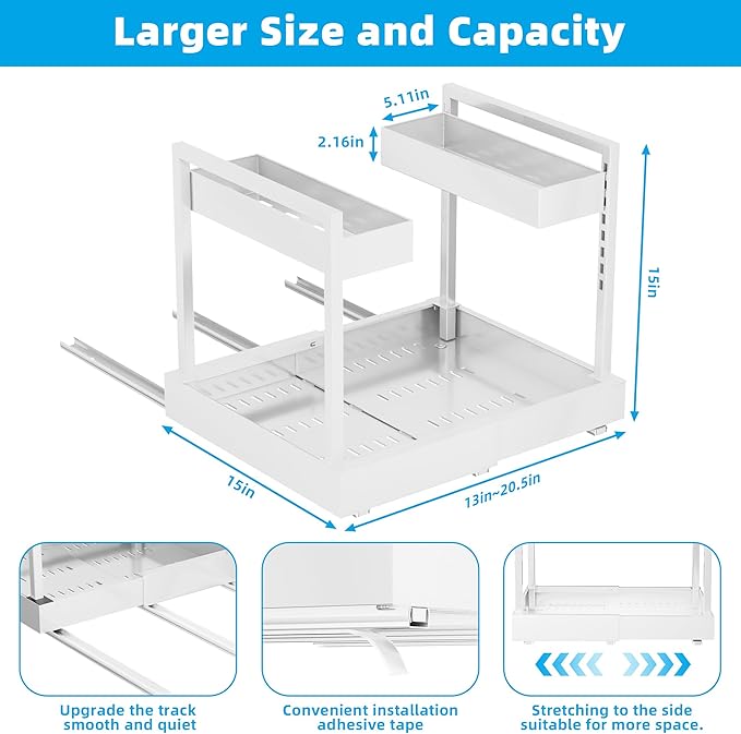 NEWMATIC Adjustable Under Sink Organizer Pull Out Drawers, 2-Tier Slide Out Cabinet Storage Shelf for Kitchen Sink, Height & Width Extendable White, 15''D x 13''-20.5''W x 15''H(1Pack) - Image 2