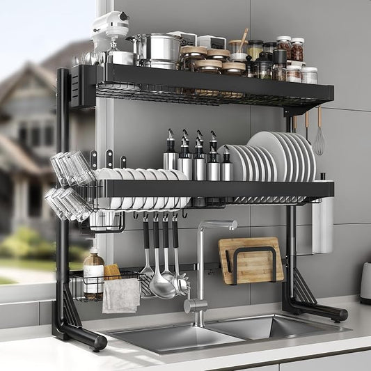 Over Sink Dish Drying Rack, 3-Tier Full Stainless Steel Drainer Dish Rack Adjustable 20.9''-37.4'', Expandable Multifunctional Kitchen Organizer by CUISIBOT