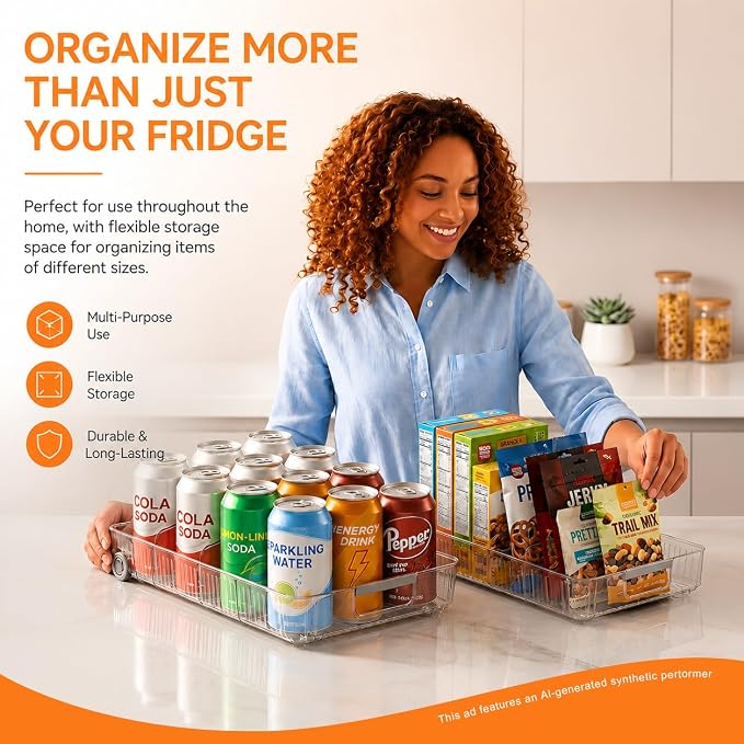 2 Pack Profile Fridge Organizer Bins with Wheels, 2.3'' Low Clear PET Roll Out Refrigerator Trays with 4 Dividers for Soda Cans, Drinks, Snacks and Pantry - Image 7