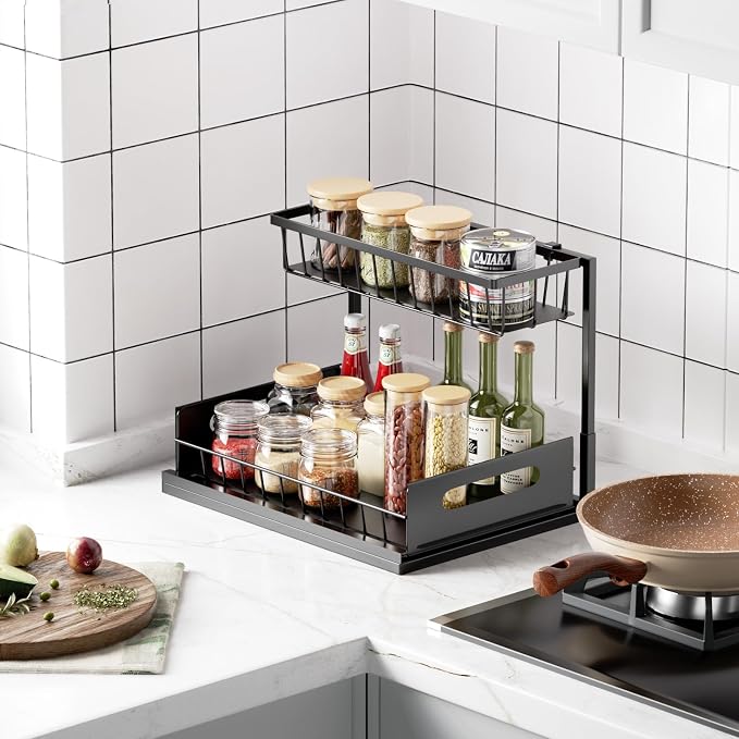 Under Sink Organizers and Storage With 4 Hooks - 2 Tier Pull Out Sink Shelf Cabinet Storage Shelves, L-Shape Under Sink Organizer for Kitchen & Bathroom Cabinet - Image 6