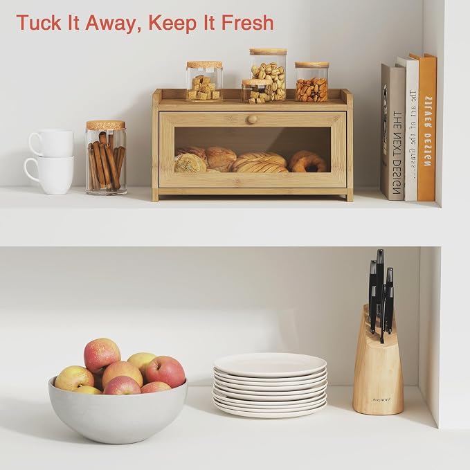 Goozii Wood Bread Box for Kithcen Countertop, Rustic Breadox Storage Container for Homemade Bread, Small Compact Bread Keeper Holder Organizer with Window (Natural Bamboo) - Image 2