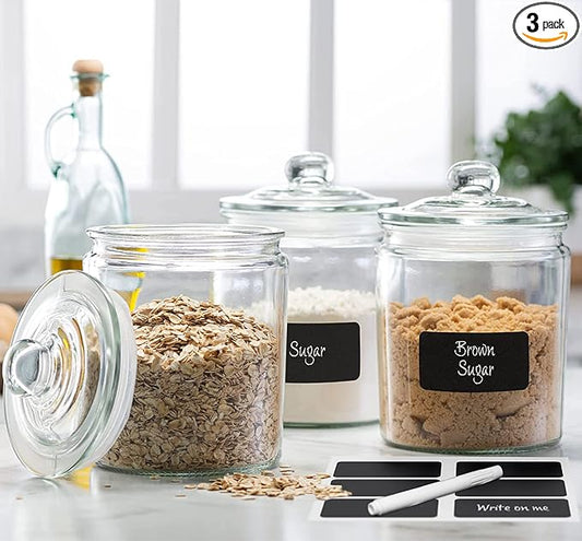 Le’raze 3pc Canister Sets for Kitchen Counter + Labels & Marker - Glass Cookie Jars with Airtight Lids - Food Storage Containers with Lids Airtight for Pantry - Flour, Sugar, Coffee, Christmas gift. by LERAZE