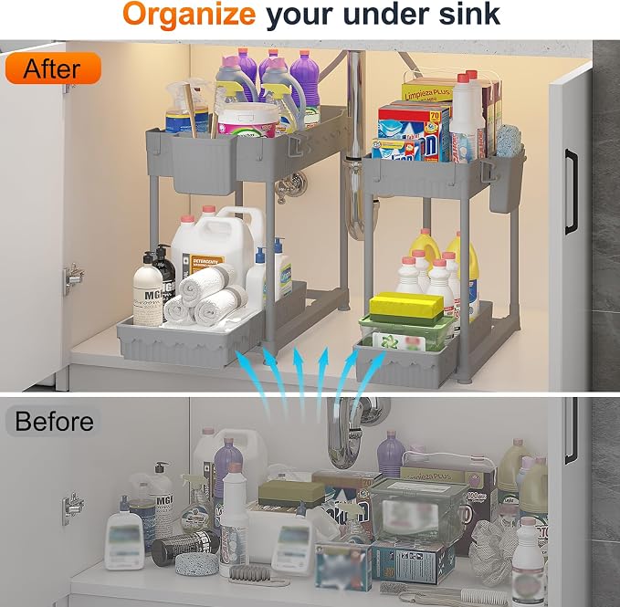 4-Pack 2-Tier Under Sink Organizer with Pull Out Drawers | Multi-use kitchen & bathroom storage. Includes hanging hooks and cups. Gray, space-saving cabinet design. 14.8 Inch - Image 4