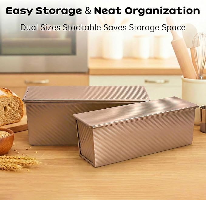 2 Pack Pullman Loaf Pan with Lid - 2.2LB Non-Stick Bread Pan, Carbon Steel Square Toast Mold with Silicone Spatula & Oil Brush, Baking Kit for Homemade Sandwich & Sourdough, Housewarming Gifts - Image 6