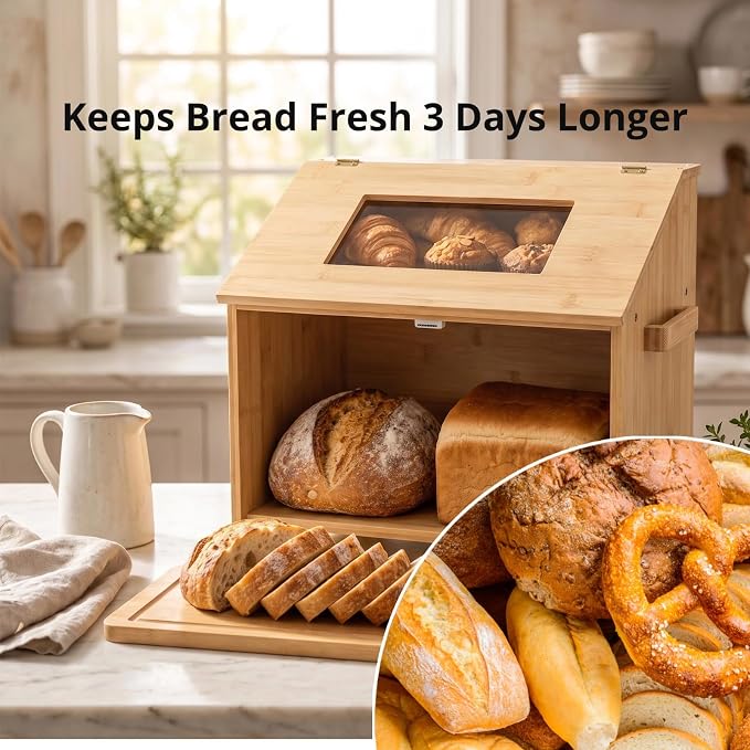 Large Bread Box for Homemade Bread: 9.1" Deep 2-Tier Fits 95% of Artisan | Countertop Storage Fit 2 Big Loaves & Multiple Pastries - Farmhouse Bamboo Contaniner with Cutting Board & Knife Holder - Image 5