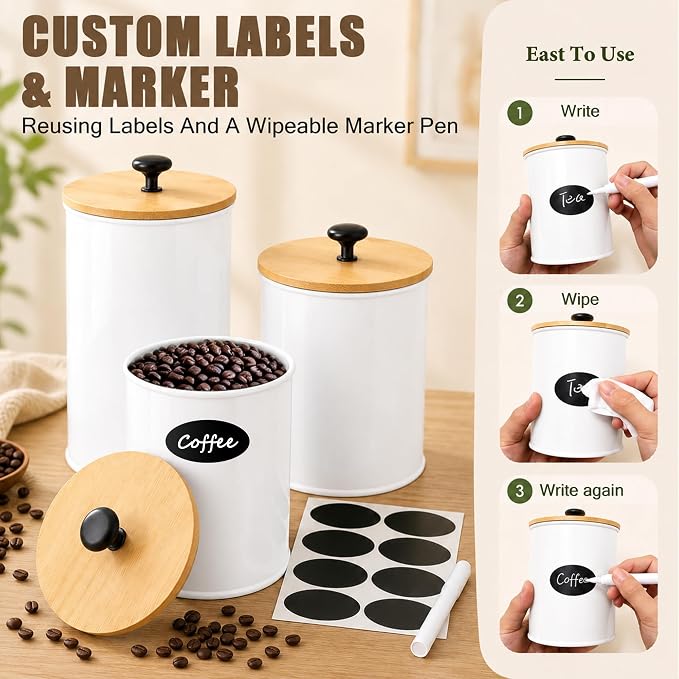 Kitchen Canister Set of 4 Airtight Metal Containers with Bamboo Lids, White | Flour sugar coffee tea canisters set with bamboo lids, customizable chalkboard labels & marker pen - Image 5