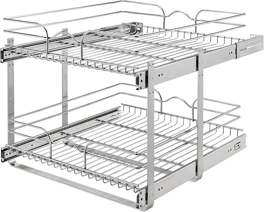 Rev-A-Shelf Pullout Organizer for Cabinets, Min Opening Width of 24" | Two-Tier Steel Shelf for Kitchen or Vanity Cabinet Organization, Heavy Gauge Wire Slide Out Storage Basket, 5WB2-2422-CR-1 by Rev-A-Shelf