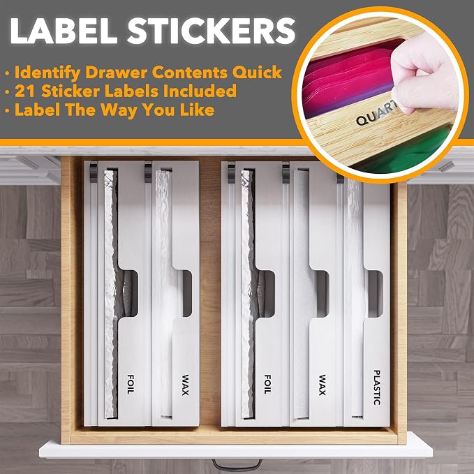 SpaceAid WrapNeat 3 in 1 Wrap Organizer with Cutter and Labels, Plastic Wrap, Aluminum Foil and Wax Bamboo Dispenser for Kitchen Storage Organization Holder for 12" Roll (White) - Image 4