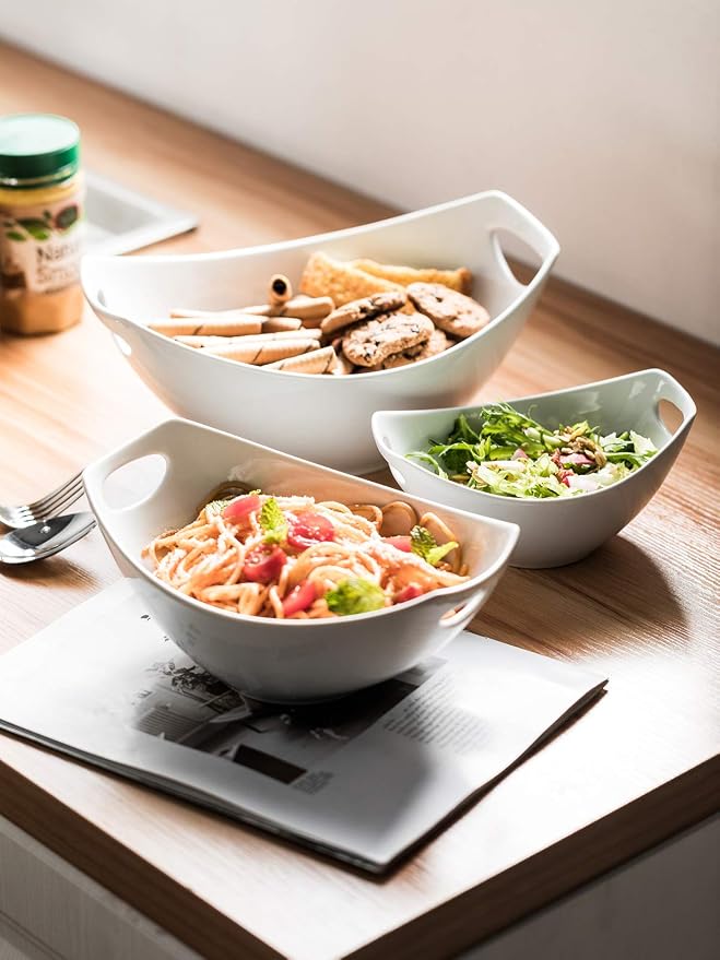 LAUCHUH Serving Bowls with Handles, Porcelain Serving Dishes Nesting Bowls | Mixing Bowls Set Salad Bowls for Entertaining, Thanksgiving, Baby Shower, Party, Set of 3, Microwave Safe, 15/28/49 oz, White - Image 5