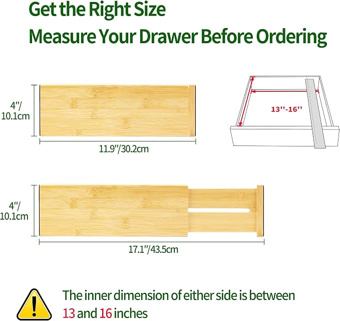 VaeFae 3 Pack Bamboo Drawer Dividers, 4" High Adjustable 11.9-17.1" Clothes Drawer Organizers, Expandable Separators for Bedroom/Bathroom/Kitchen/Office Storage - Image 3