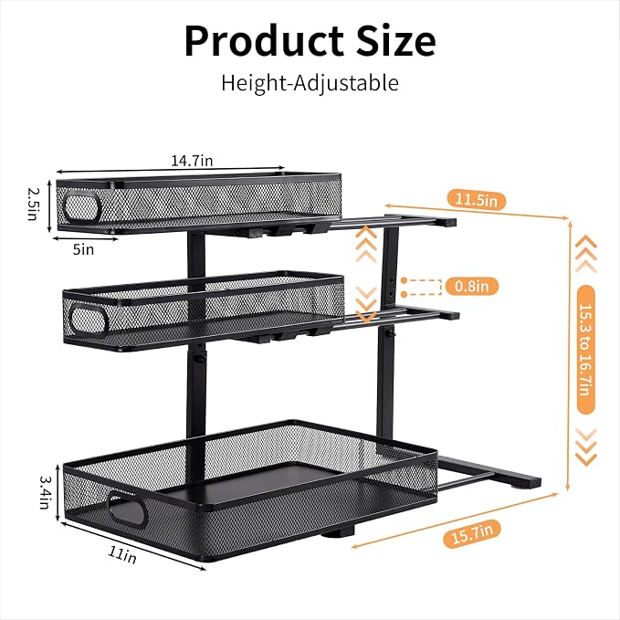 3 Tier Mesh Pull Out Organizer Black 2 Pack Sliding Rack | 2 pack mesh organizers for multi cabinet storage of cleaning tools and household essentials in kitchen and bathroom spaces - Image 3