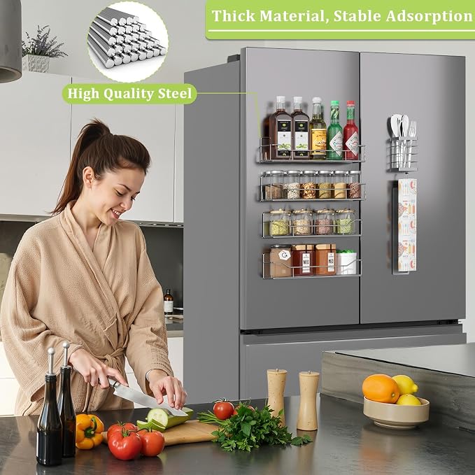 Magnetic Spice Rack for Refrigerator, 6 Pack Strong Magnet Spice Organizer with Paper Towel Holder, Utensil Holder, Moveable Magnetic Fridge Shelf for Kitchen Organization and Storage (Grey) - Image 5