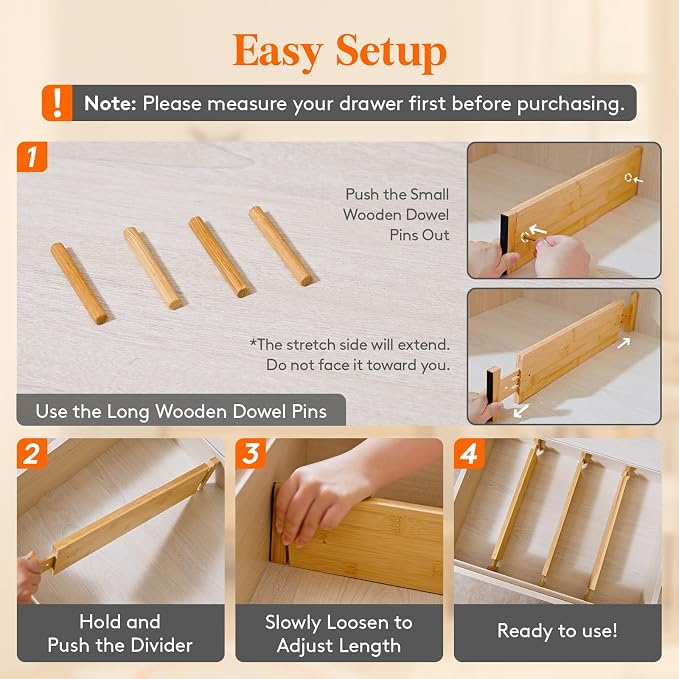 Lifewit 4" High 5 Pack Bamboo Drawer Dividers 43-54cm/17-21.5" Adjustable Wooden Drawer Organizer for Clothes/Utensils, Expandable Drawer Separator for Dresser/Kitchen/Bedroom/Office Organization - Image 6