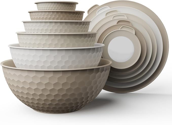 COOK WITH COLOR Mixing Bowls with Lids - 12 Piece Plastic Nesting Bowls Set includes 6 Prep Bowls and 6 Lids, Microwave Safe Mixing Bowl Set, Brown Embossed by CookwithColor