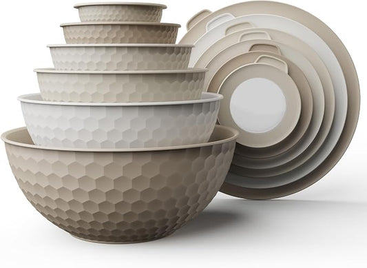 COOK WITH COLOR Mixing Bowls with Lids - 12 Piece Plastic Nesting Bowls Set includes 6 Prep Bowls and 6 Lids, Microwave Safe Mixing Bowl Set, Brown Embossed by CookwithColor