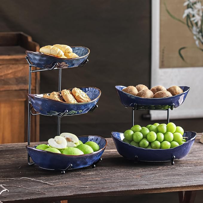 2-Tier Fruit Bowls for Kitchen Counter,Dark Blue Ceramic Bowl with Black Metal Stand,2 Tier Fruit Basket for Fruit,Snack,Cake,Nuts,Dessert Storage - Image 6