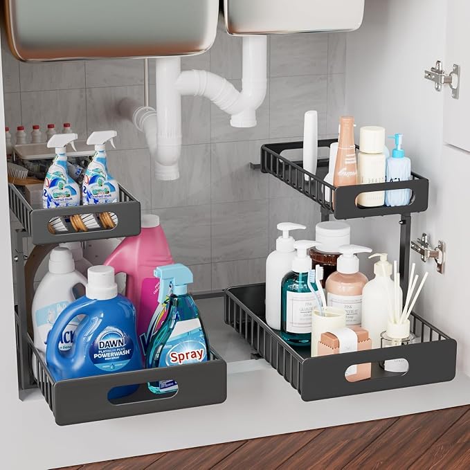 HBL' 2-Pack Large Metal Under Sink Organizer, 2-Tier Slide-Out Under the Kitchen Sink Organizer and Storage,Height Adjustable Under Sink Storage Shelves for Bathroom. by HBL