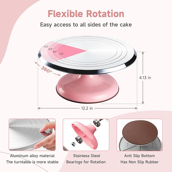 Cake Decorating Supplies Kit Set of 138pcs | 12 Inch Aluminium Cake Turntable, 64 Numbered Icing Piping Tips, 2 Spatulas, 3 Icing Comb Scraper and Leveller, Piping Bags - Image 3