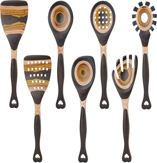 7PCS Pakkawood Kitchen Utensil Set | Heart-Shaped Wooden Spoons for Cooking | Heat-Resistant Wooden Spoons | Kitchen Essential Gift | Tuscan Brown by CokkaPraca