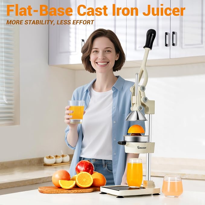 TONGCHANT Cast Iron Manual Juicer for Orange Lemon & Pomegranate, 17" Tall | Heavy Duty Orange Juicer Squeezer, Citrus Press, Hand Press Juicer, Stainless Steel Cup, Easy to Clean, White - Image 2