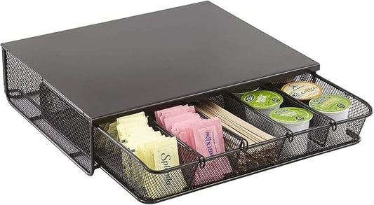 Safco Coffee and Sugar Organizer 3274BL Hospitality Tray, Home, Office, & Hotel, 1 Drawer, Black, 12"W x 11"D x 3 ¼"H by SafcoProducts