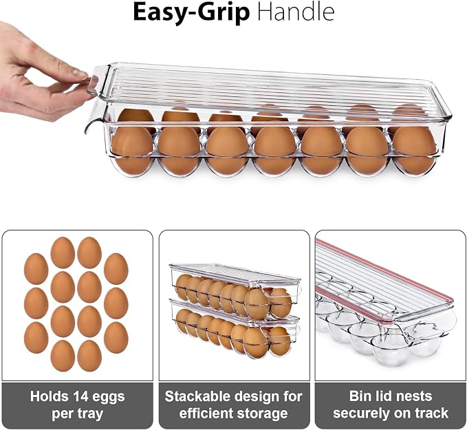 Sorbus Soda Can Organizer for Refrigerator & Egg Holder for Fridge Set, 4 Stackable Can Holder Dispenser Holds 12 Cans Each & 2 Egg Holders with Lid holds 14 eggs for Fridge, Pantry, Freezer, BPA-Free - Image 7