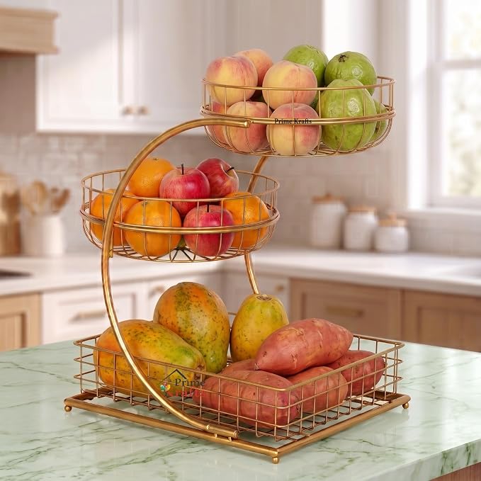 3 Tier Fruit Basket Bowl for Home and Kitchen | Countertop Metal Wire Kitchen Storage Basket for Fruits, Vegetables and Snacks - Gold - Image 6