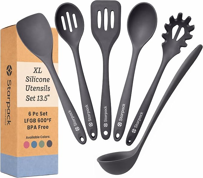 Starpack Like a Boss XL Silicone Cooking Utensils Set (6-Piece, 13.5") - LFGB Certified, 600°F Heat Resistant, BPA-Free - Heavy-Duty Steel Core, Dishwasher Safe - for Nonstick Cookware, Gray Black by StarpackHome