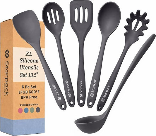 Starpack Like a Boss XL Silicone Cooking Utensils Set (6-Piece, 13.5") - LFGB Certified, 600°F Heat Resistant, BPA-Free - Heavy-Duty Steel Core, Dishwasher Safe - for Nonstick Cookware, Gray Black by StarpackHome