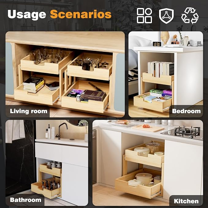 Pull Out Cabinet Organizer, 14''W×21''D Sliding Drawers for Cabinets, 2 Tier Soft Close Slide Out Wooden Pull out Drawers, Base Cabinet Organization for Kitchen, Pantry, Bathroom - Image 7