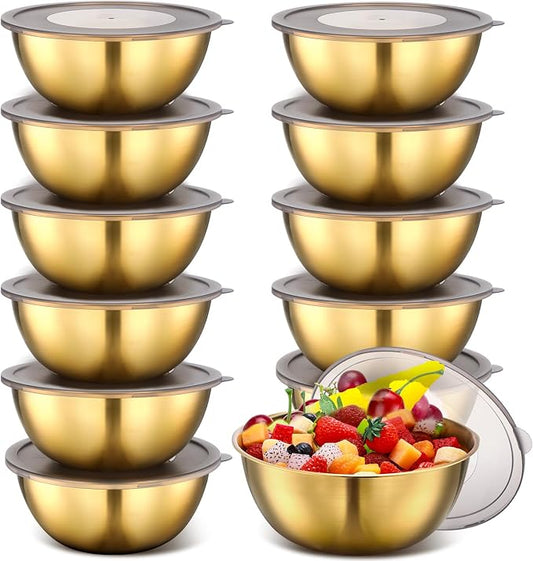 Nuogo 12 Pack 8.27 Inches Gold Stainless Steel Mixing Bowls with Airtight Lids Stackable Metal Serving Esthetician Facial Bowls for Salad, Fruit, Soup & Kitchen Prep by Nuogo