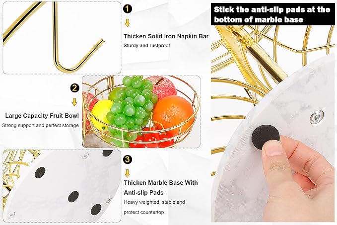 Livabber Fruit Basket Bowl with Banana Hanger, Metal Fruit Vegetable Storage Basket with Banana Holder for Kitchen Counter, Detachable Organizer for Bread Snack Produce (Gold, 3-Tier Marble Base) - Image 3