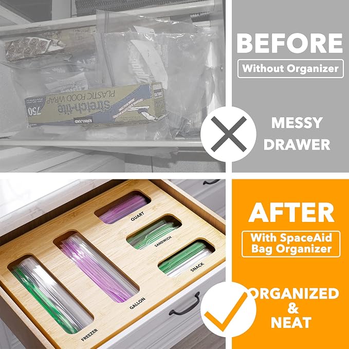 SpaceAid Bag Storage Organizer for Kitchen Drawer, Bamboo Organizer, Compatible with Gallon, Quart, Sandwich and Snack Variety Size Bag (1 Box 5 Slots) - Image 2