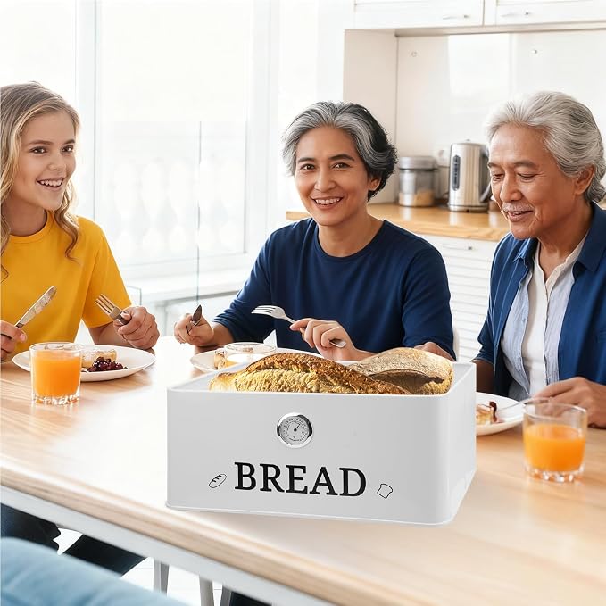White Bread Box for Kitchen Countertop with Bamboo lid, Hygrometer Kitchen Organizer for Sourdough, Buns, and Loaves, Bread Storage Container - Image 7
