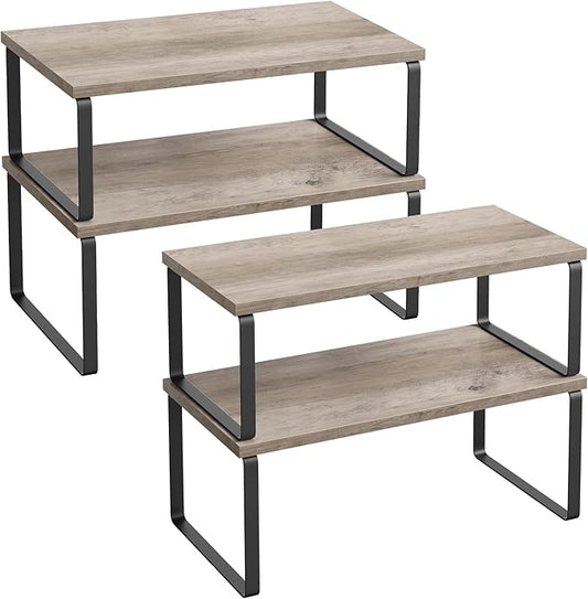 SONGMICS Cabinet Organizer Shelf, Set of 4 Kitchen Counter Shelves, Kitchen Storage, Spice Rack, Stackable, Expandable, Metal and Engineered Wood, Ink Black and Heather Greige UKCS022X02 by Unknown