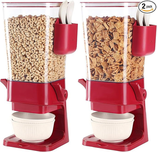 Osacoe Cereal Dispenser Countertop Red 2 Pack with Creal Bowls Spoons Cutlery Box, Cereal Containers Storage - Not Easy to Crush Food, Dry Food Dispenser For Pantry Candy Snack by Osacoe