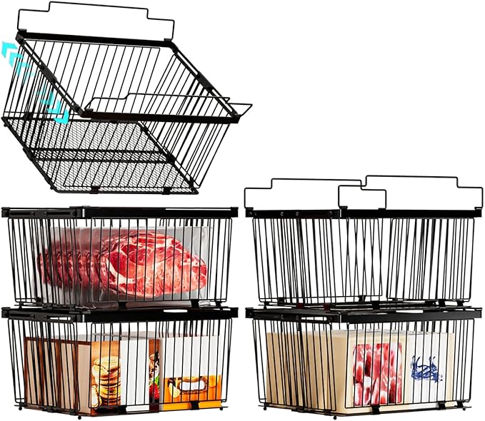 Large Freezer Organizer Bins for 5 to 9 Cu.Ft,Leak-Proof Bottom，5Pack | ANJUBANFreezer Organizer Bins, Stackable,expandable,foldable,With handle Wire Storage Container Baskets for Sort Frozen Meats by ANJUBAN
