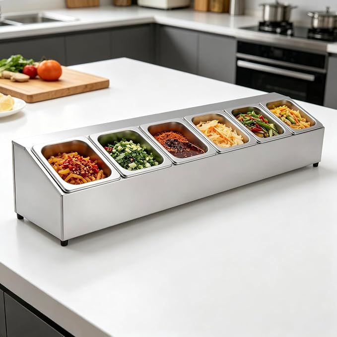 6Pans Pizza Topping Station Organizer Container Food Prep Condiment Caddy | Ingredients Holder Spice Rack Stainless Steel Candy Container Set with 6 Pans & Lids, Food Truck Restaurant Kitchen Buffet - Image 9