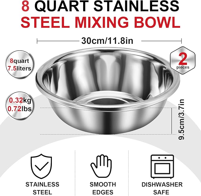 FillTouch 2 Pack Large Mixing Bowl 8 Qt Oversized All Purpose 304 Stainless Steel Polished Mirror Flat Base Metal Bowl for Home or Commercial Prepping Baking Mixing Marinating - Image 2