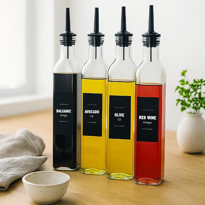 Olive Oil & Vinegar Dispenser Bottle Set with Stainless Steel Pourer, Funnel & Labels - Glass Kitchen Oil Cruet - Dispenser Bottle for Coffee Syrup, Soy Sauce, Cooking Sauces & More - 500ml - Set of 4 - Image 5