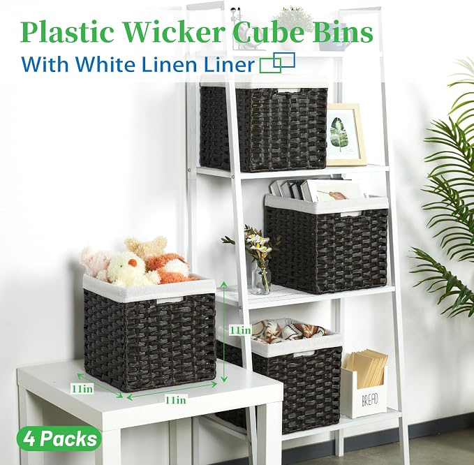 Bidtakay Black Wicker Cube Baskets 11 inch 4 Pack Waterproof Hand-Woven Storage Baskets for Organizing Pantry Bedroom - Image 2