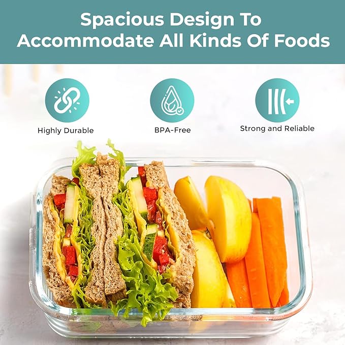 Razab 35 Pc Set Glass Food Storage Containers with Lids - Meal Prep Airtight Bento Boxes BPA-Free 100% Leak Proof (15 lids,15 glass & 5 Plastic Sauce/Dip Containers) - Image 5