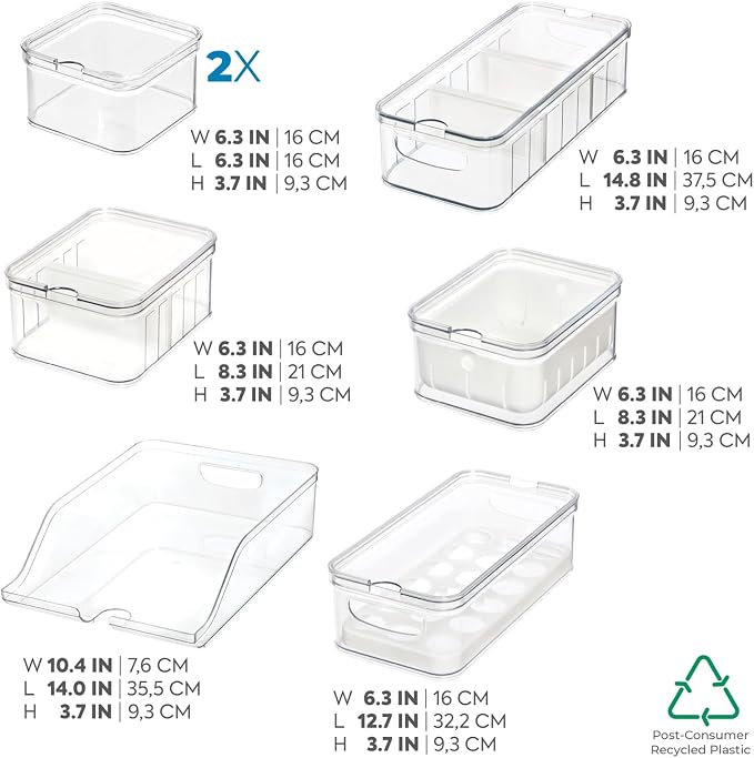 iDesign Crisp 7-Piece Recycled Plastic Refrigerator Organizer Bin Set with Lids, Clear/White - Image 3