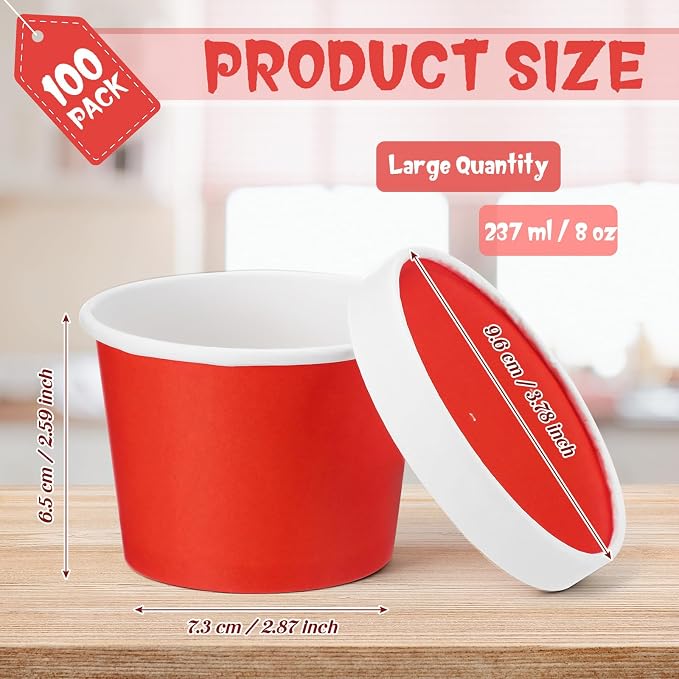 Fulmoon 100 Pack Paper Soup Containers with Lids Disposable Paper Food Containers with Vented Lid Kraft Ice Cream Cake Dessert Cups Soup Bowl for Party Hot Food Fruit Microwave(8 oz,Red) - Image 2