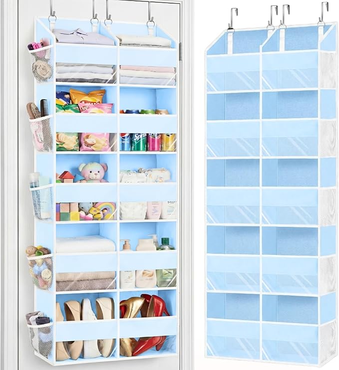 Blue Over the Door Organizer 5 Tiers, Extra Large Behind Door Storage of 10 Compartments, 80 lbs Weight Capacity Hanging Storage Organizer with Clear Window Kids Toys, Shoes, Diapers, Room storage by Ofiray-home