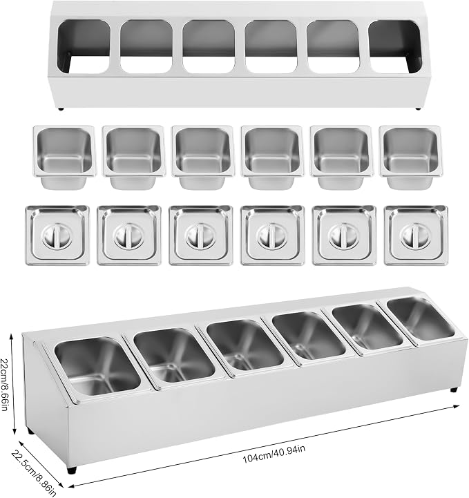 6Pans Pizza Topping Station Organizer Container Food Prep Condiment Caddy | Ingredients Holder Spice Rack Stainless Steel Candy Container Set with 6 Pans & Lids, Food Truck Restaurant Kitchen Buffet - Image 4