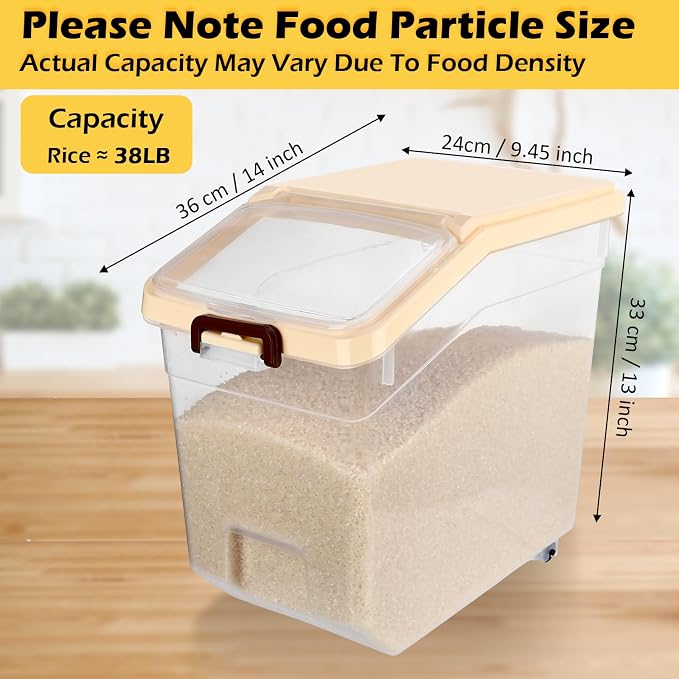 4 Pcs Rice Storage Containers Bulk Flour Sugar Container Wheels Measuring Cups Set Airtight Pet Dog Cat Birds Food Bin Grain Cereal Organizer Box for Dry Baking (Beige,38 lb) - Image 2