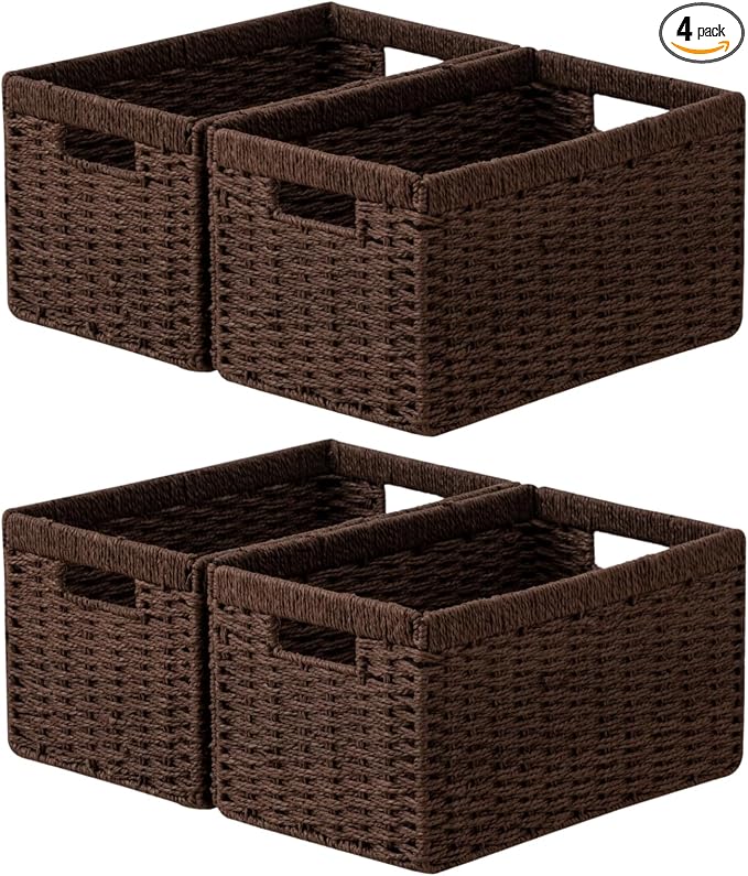 joybest Dark Brown Wicker Baskets for Shelves, Hand-woven Storage Baskets | 13.4L x 8.3W x 7.1H inch for Pantry, Kichen Organizing, Foldable Rectangular Bin with Handles, 4-pack by joybest