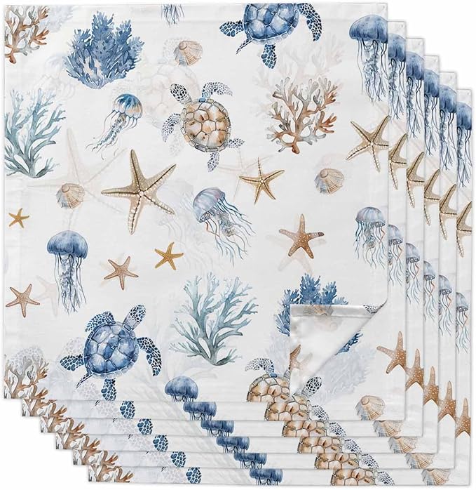 Coastal Turtle Cloth Napkins Set of 6 - Blue Ocean Starfish Seaweed Coral Jellyfish Washable Dinner Napkins Reusable Table Napkins for Party Weeding Dining Table Setting Decoration,Oversized 20"x20" by Unknown